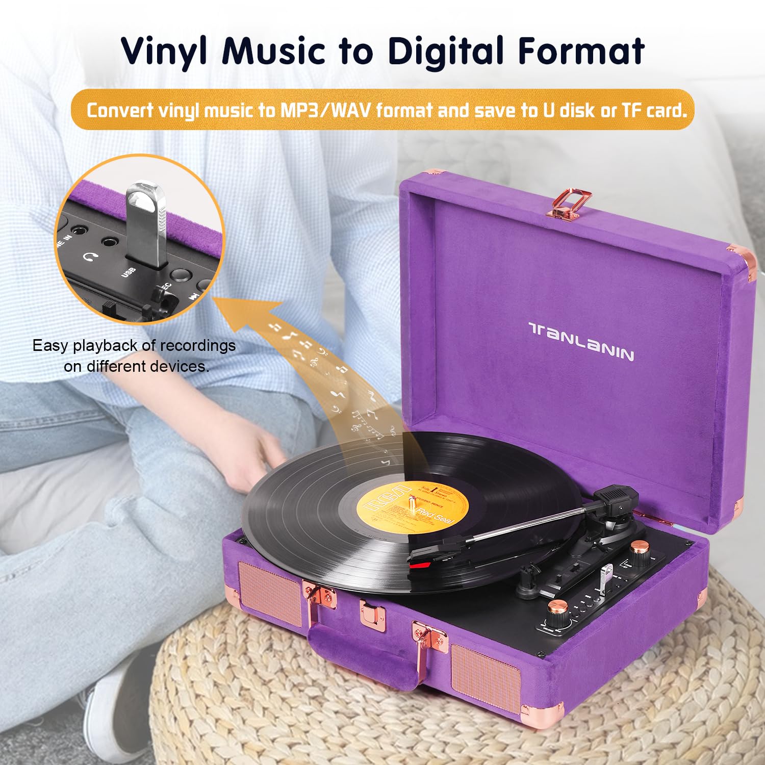 Velvet Vinyl Record Player   33 45 78 Rpm Portable Suitcase Turntable With Usb Recording, Bluetooth, Built In Speakers, Rose Gol