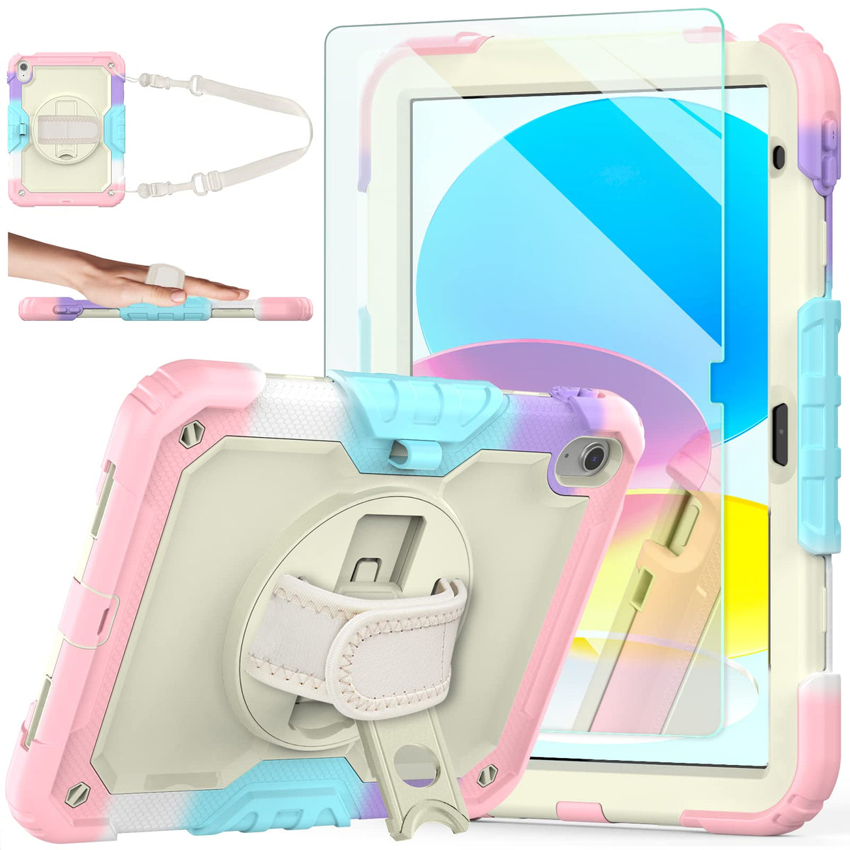 Ambison Case For Ipad (A16) 11Th Generation 2025 11-Inch/10Th Generation 2022 10.9'', Heavy Duty Shockproof Protective Case With 9H Tempered Glass Screen Protector,360° Rotate Hand Strap&Stand-Pink