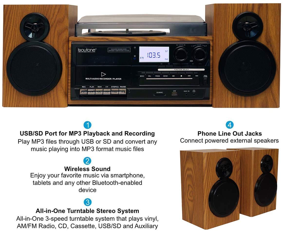 Boytone Bluetooth Classic Style Cd Player Turntable With Am/Fm Radio, 2 Separate Stereo Speakers, Record From Vinyl, Cassette To
