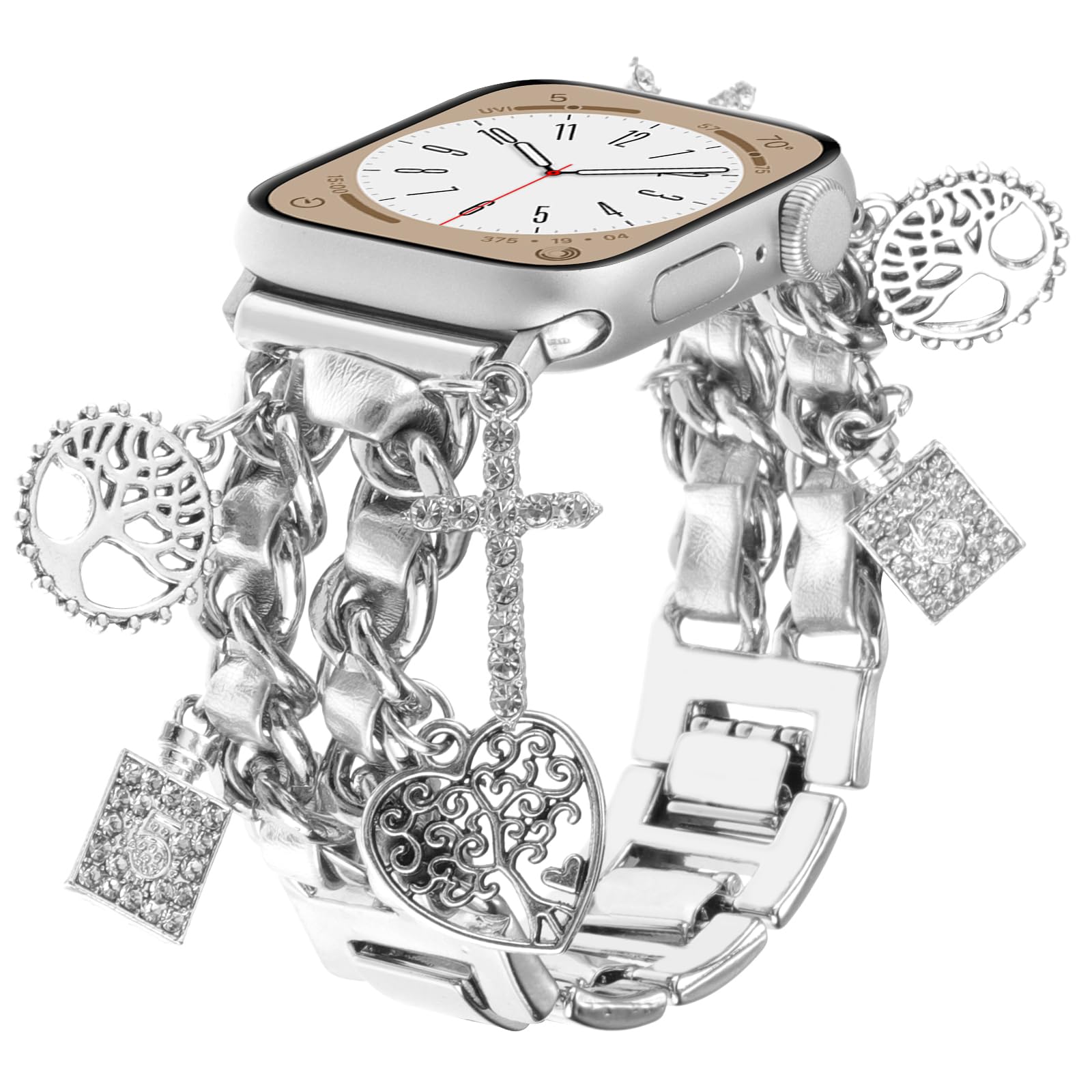 Realsign Stylish Metal Wristband Compatible With Apple Watch Band 38Mm 40Mm 41Mm,Cuban Chain Bracelet Tree Of Life Cross Pendant