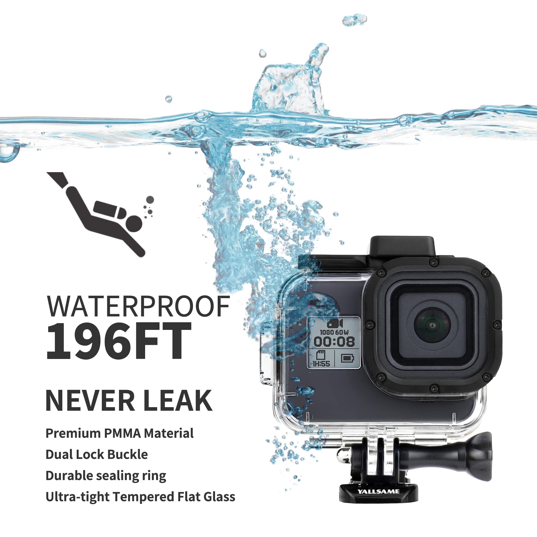Yallsame Waterproof Case Housing Case For Gopro Hero 8 Black Action Camera 196Ft / 60M Underwater Protective Dive Accessory For