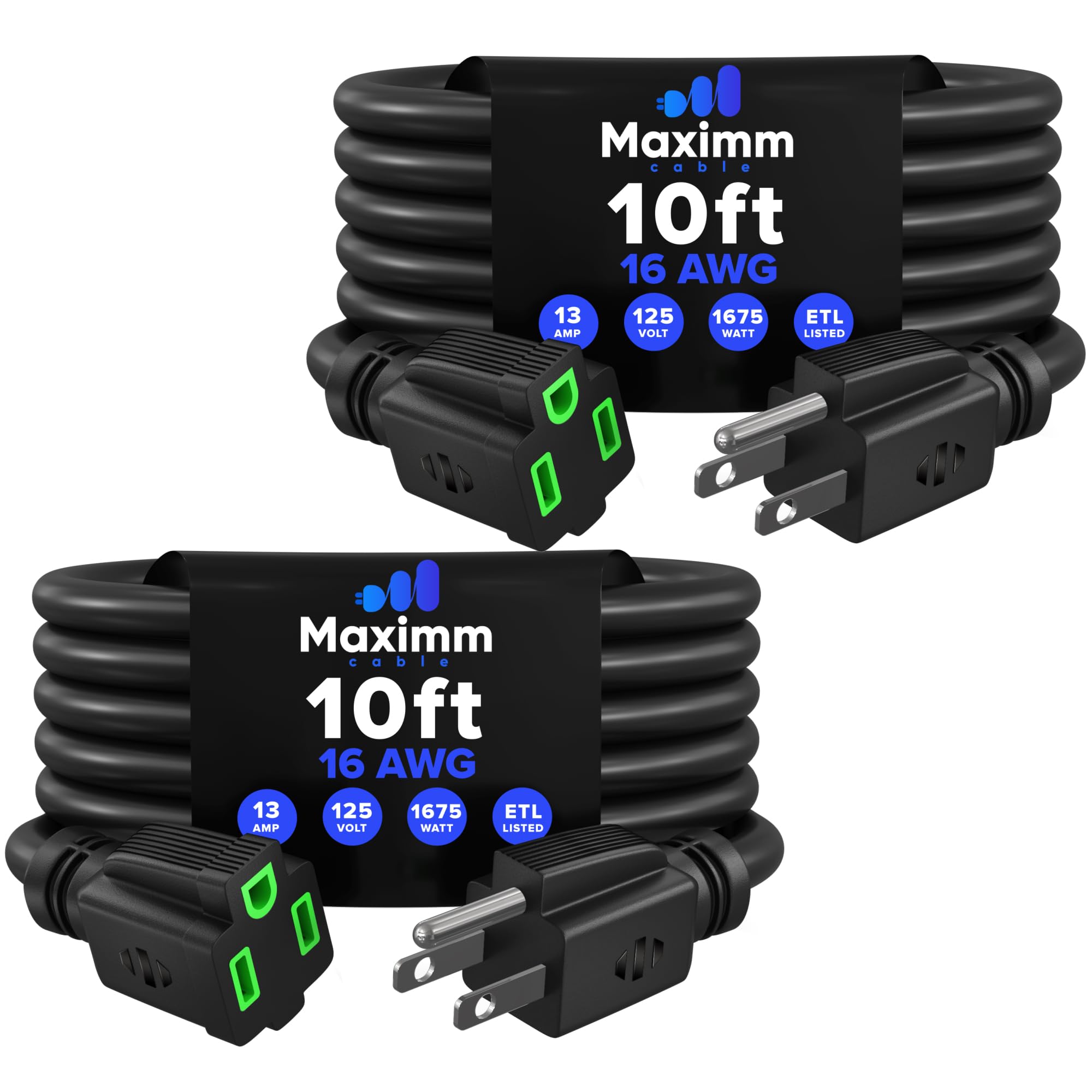 Maximm 10 Ft, 2 Pack, Black with Green Indicators Extension Cord, Heavy Duty 16 AWG, ETL Listed for Workshop & Outdoor Use