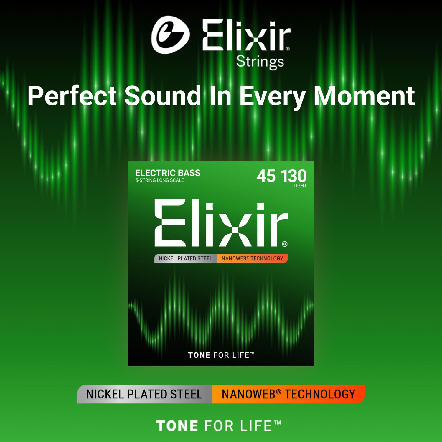 Elixir Strings Nickel Plated Steel 5 String Bass Strings W Nanoweb Coating, Long Scale, Light (.045 .130)