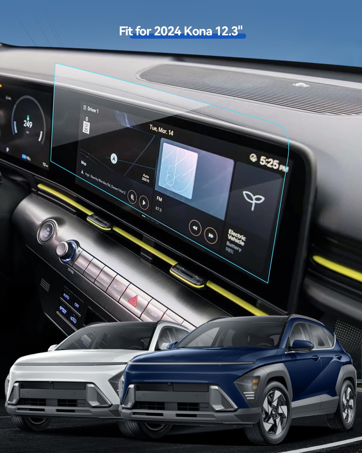 Lantu 2Pcs Car Screen Protector For 2024 Hyundai Kona Accessories 12.3'' Nano Gps Navigation Touchscreen Protector Film Hd Clear