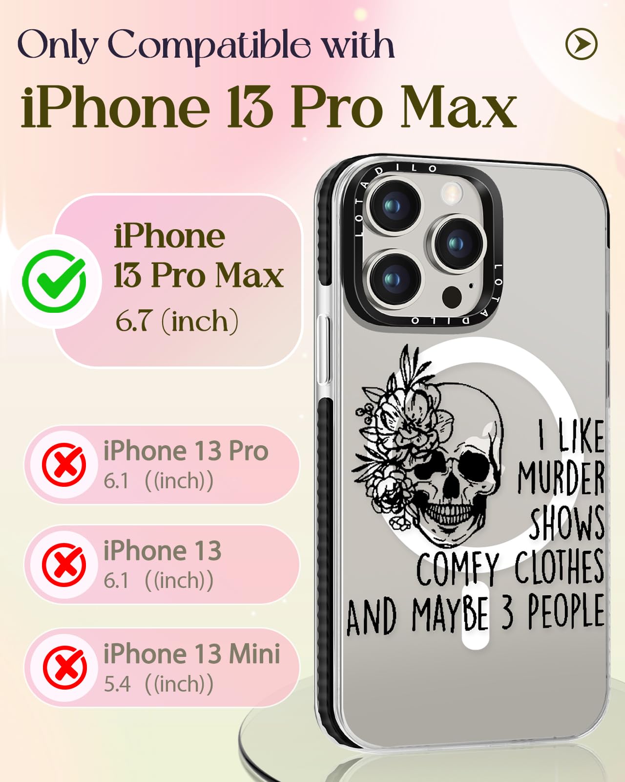 Lotadilo For Iphone 13 Pro Max Case For Women Girls - Cute Design Compatible With Magsafe Magnetic Ring Holder Stand Skull Skele