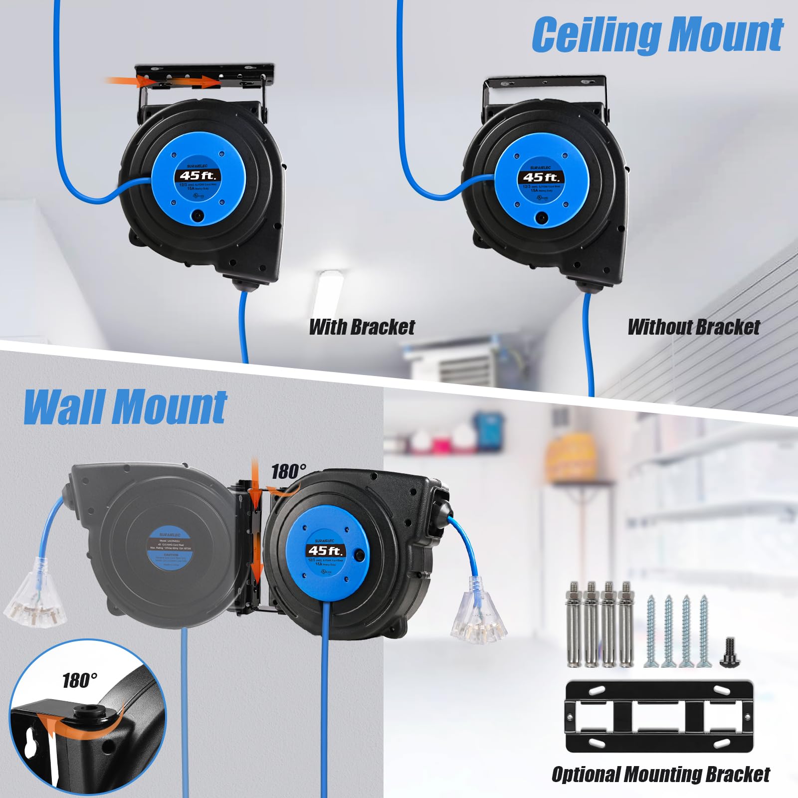 Suraielec 12 Gauge Retractable Extension Cord Reel, 45 Ft 12 Awg/3C Sjtow Heavy Duty Power Cord, 3 Outlets Triple Tap, 15 Amp Ci