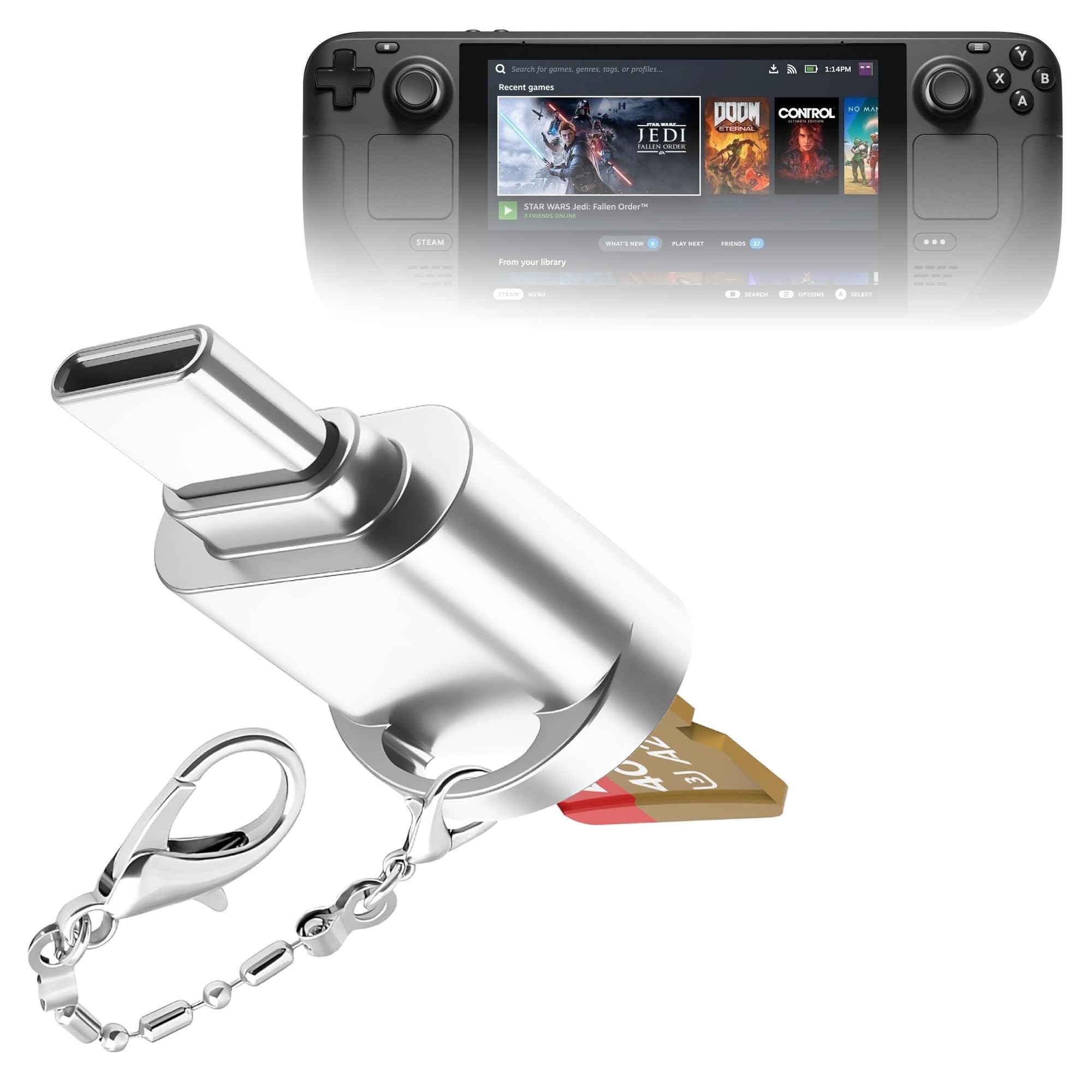 BoxWave Adapter Compatible with Valve Steam Deck - Micro SD Card miniReader, USB Type-C OTG Reader USB3.0 Adapter Keychain - Met