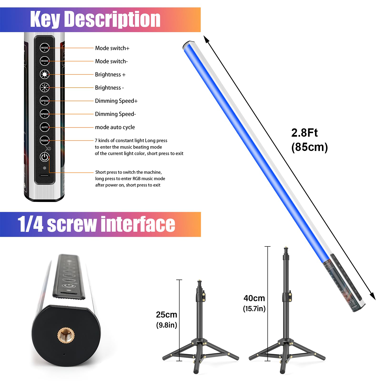 Luxceo 4Pack Rgb Tube Light Bar With Light Stand, Battery Powered Led Video Light Wand Stick With Remote Control For Dj Lighting
