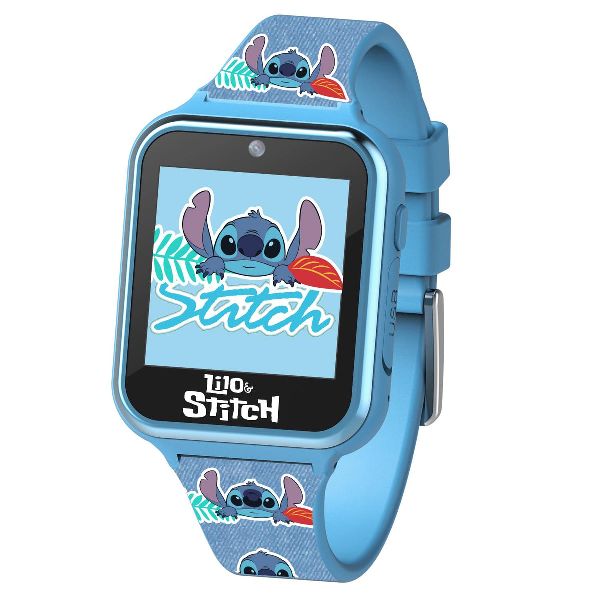Accutime Kids Disney Lilo & Stitch Blue Educational Learning Touchscreen Smart Watch Toy For Girls, Boys, Toddlers - Selfie Cam,