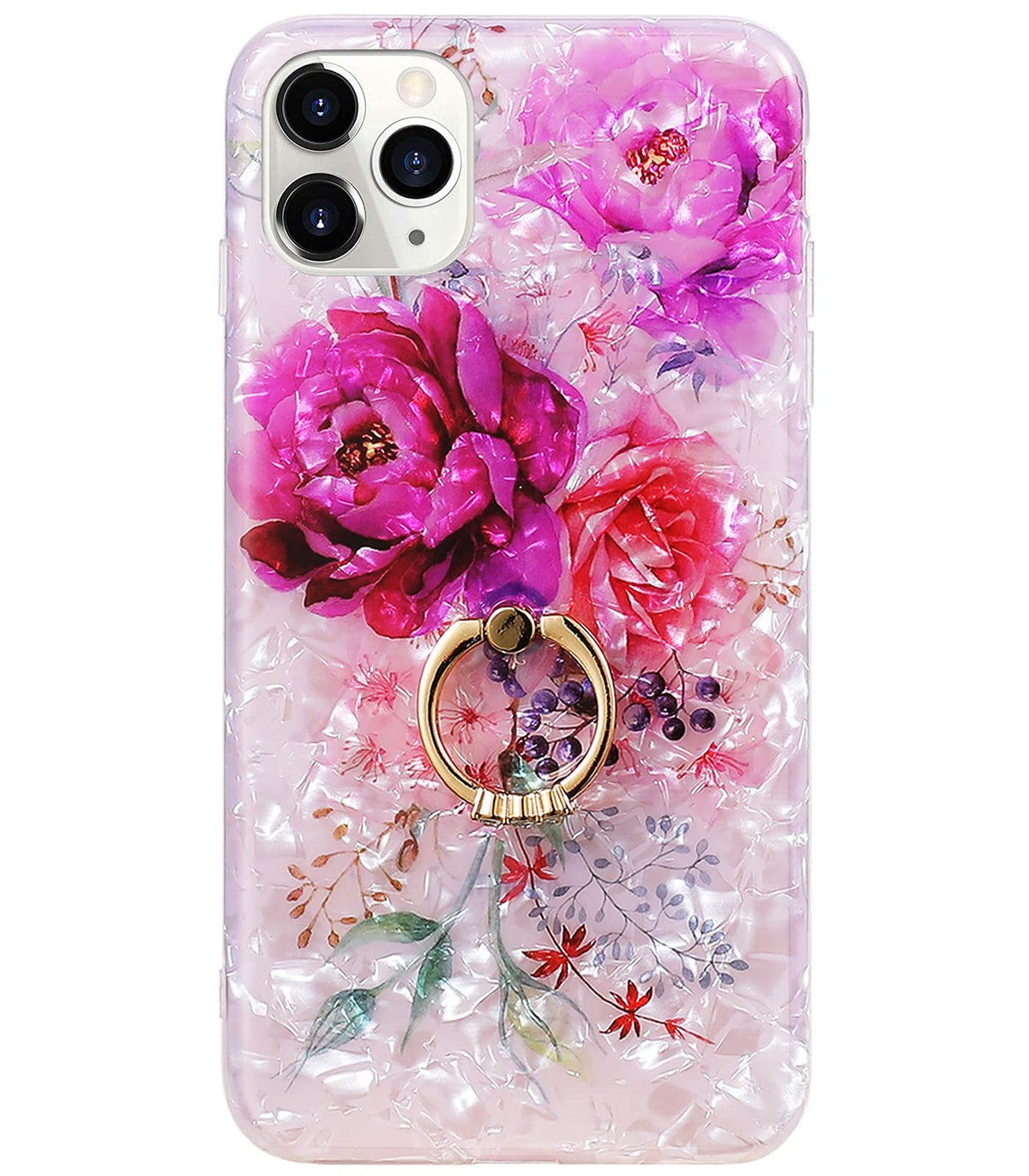 Qokey Compatible With Iphone 11 Pro Max Case,Flower Cute Clear For Men Women Girls With 360 Degree Rotating Ring Kickstand Soft 