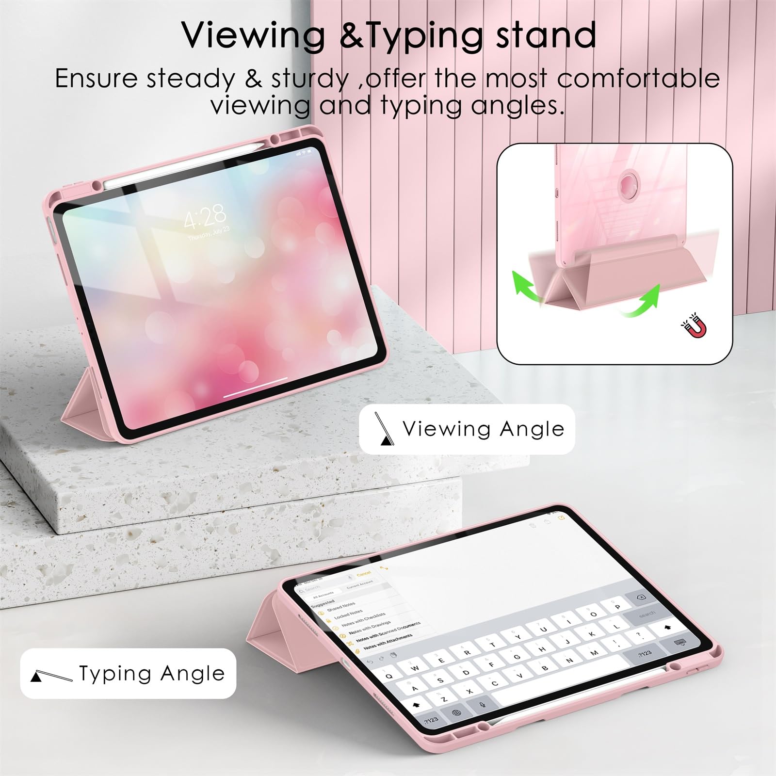 Soke Case For Ipad Air 13 M2 2024/Pro 12.9 (6Th/5Th/4Th Generation, 2022/2021/2020)   Pencil Holder+Auto Sleep/Wake+Camera Protection, Shockproof Back Cover For Ipad Pro 12.9 Inch, Light Pink
