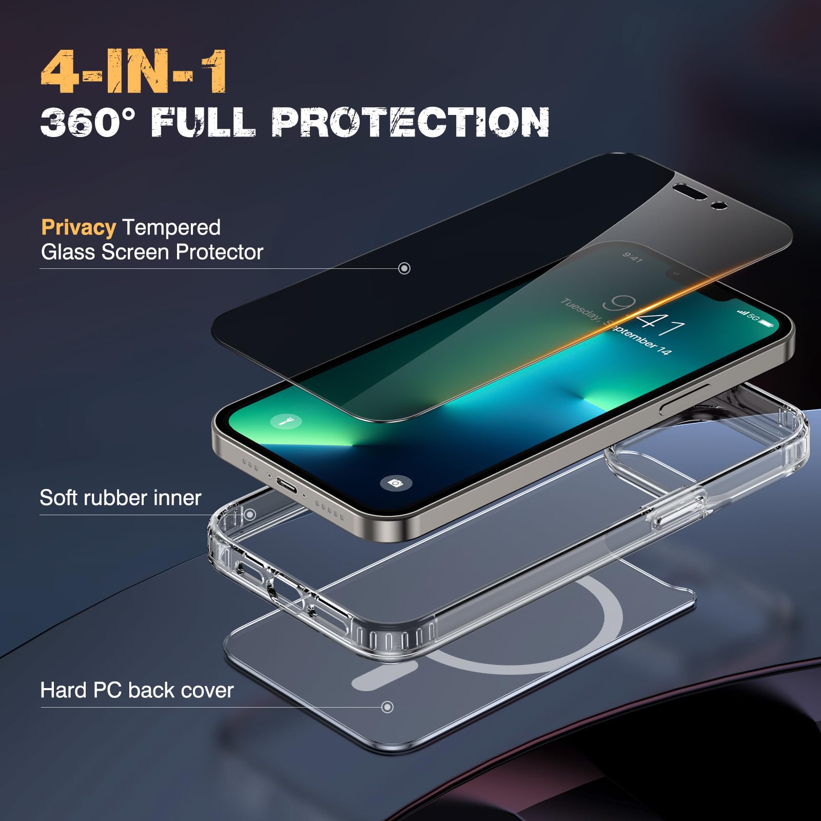 Diaclara Magnetic For Iphone 13 Pro Max Case, [With Privacy Screen Protector] [Anti Spy] [Military Grade Drop Protection] Heavy