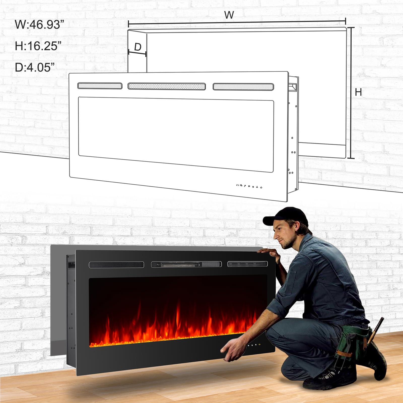 CharaVector 50 Inch Electric Wall Mounted Fireplace Insert, Black, LED Flame, Remote Control, Model FIREPLACE50
