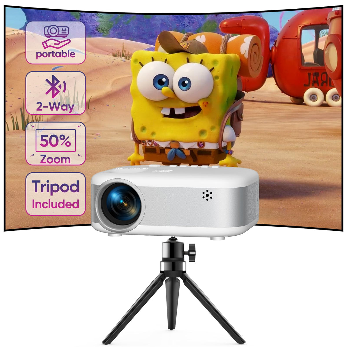 [Two Way Bluetooth] Panseba Mini Projector With Tripod, 2024 Upgraded 1080P Hd Projector, Portable Projector With Bluetooth, Mov