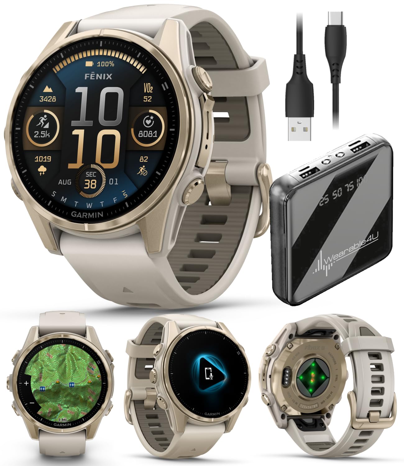 Wearable4U Garmin Fenix 8 - 43 mm Sapphire, AMOLED Multisport GPS Smartwatch, Soft Gold with Fog Gray/Dark Sandstone Silicone Ba