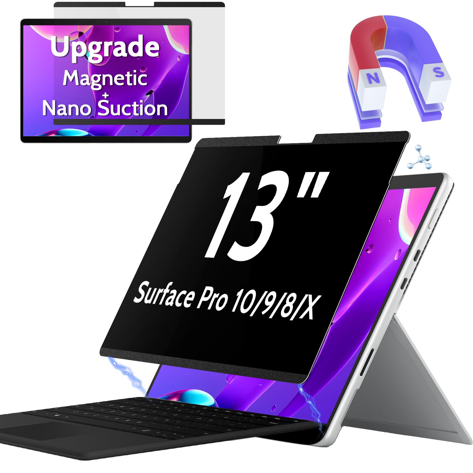 Peslv Magnetic Privacy Screen For Surface Pro 11/10/9/8/X 13 Inch, Removable Anti Blue Light Glare Filter, Black Security Privat