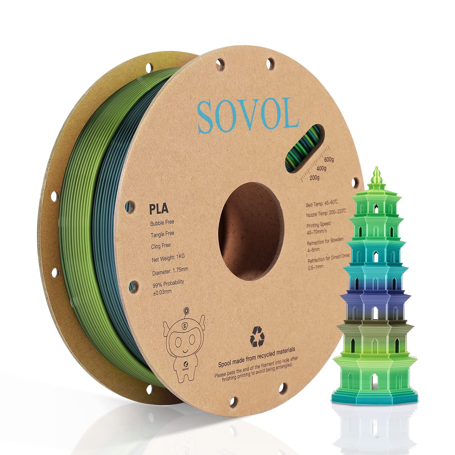 Sovol 3D Printer Silk Shiny Multicolored Fast Change Rainbow Pla 1Kg (2.2 Lbs) Spool 3D Printing Materials, Wiring Tightness, Di