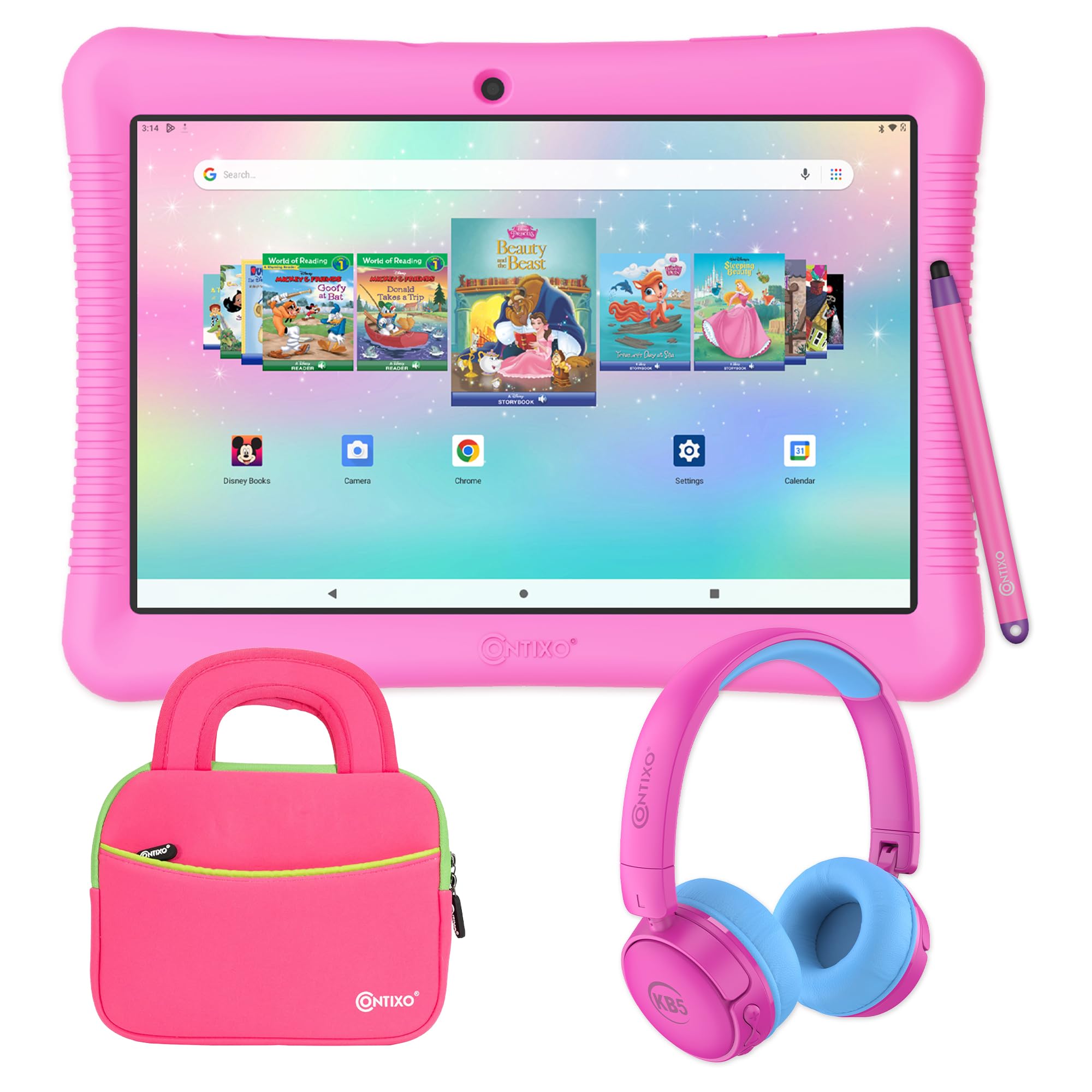 Contixo 10' Android Kids Tablet Bundle   32Gb, 80+ Disney Storybooks & Stickers, Parental Controls, Kid Proof Case With Kickstand & Stylus, Headphones & Sleeve Bag (2024 Model)   Pink