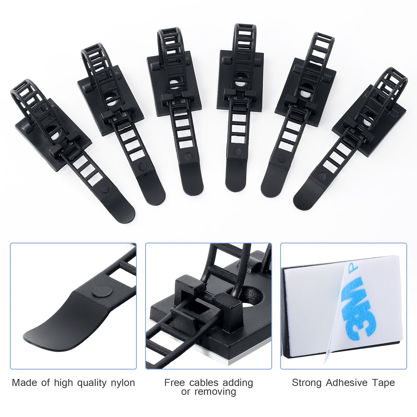 Fippy 100Pcs Adjustable Adhesive Cable Ties Cable Clips, Self Adhesive Nylon Cable Straps, Adhesive Cable Management Clips For W