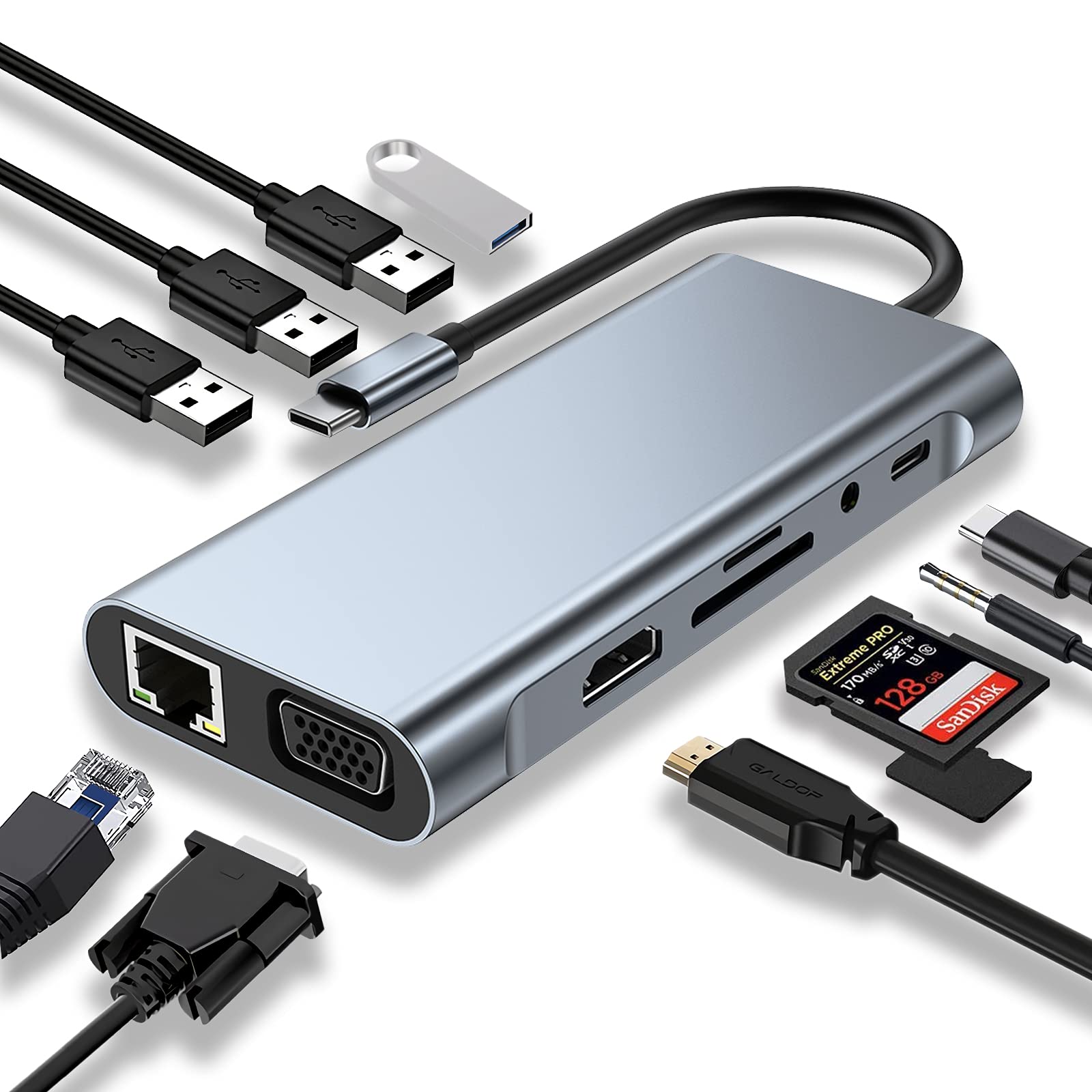 Usb C Hub, Usb C Adapter 11 In 1 Dongle With 4K Hdmi, Vga, Type C Pd, Usb3.0, Rj45 Ethernet, Sd/Tf Card Reader, 3.5Mm Aux, Docki