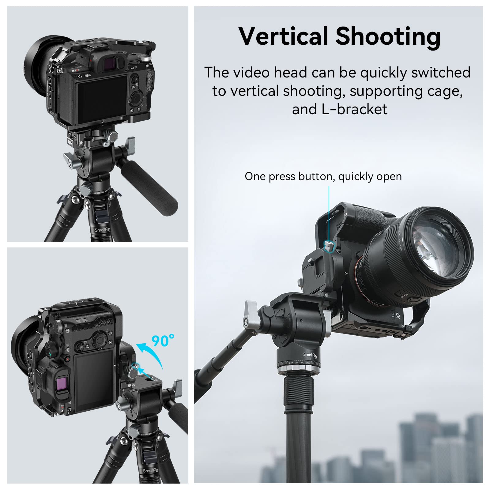 Smallrig Video Head For Vertical/Horizontal Shooting, Tripod Pan Tilt Fluid Head With Telescopic Handle And Switchable Qr Plate