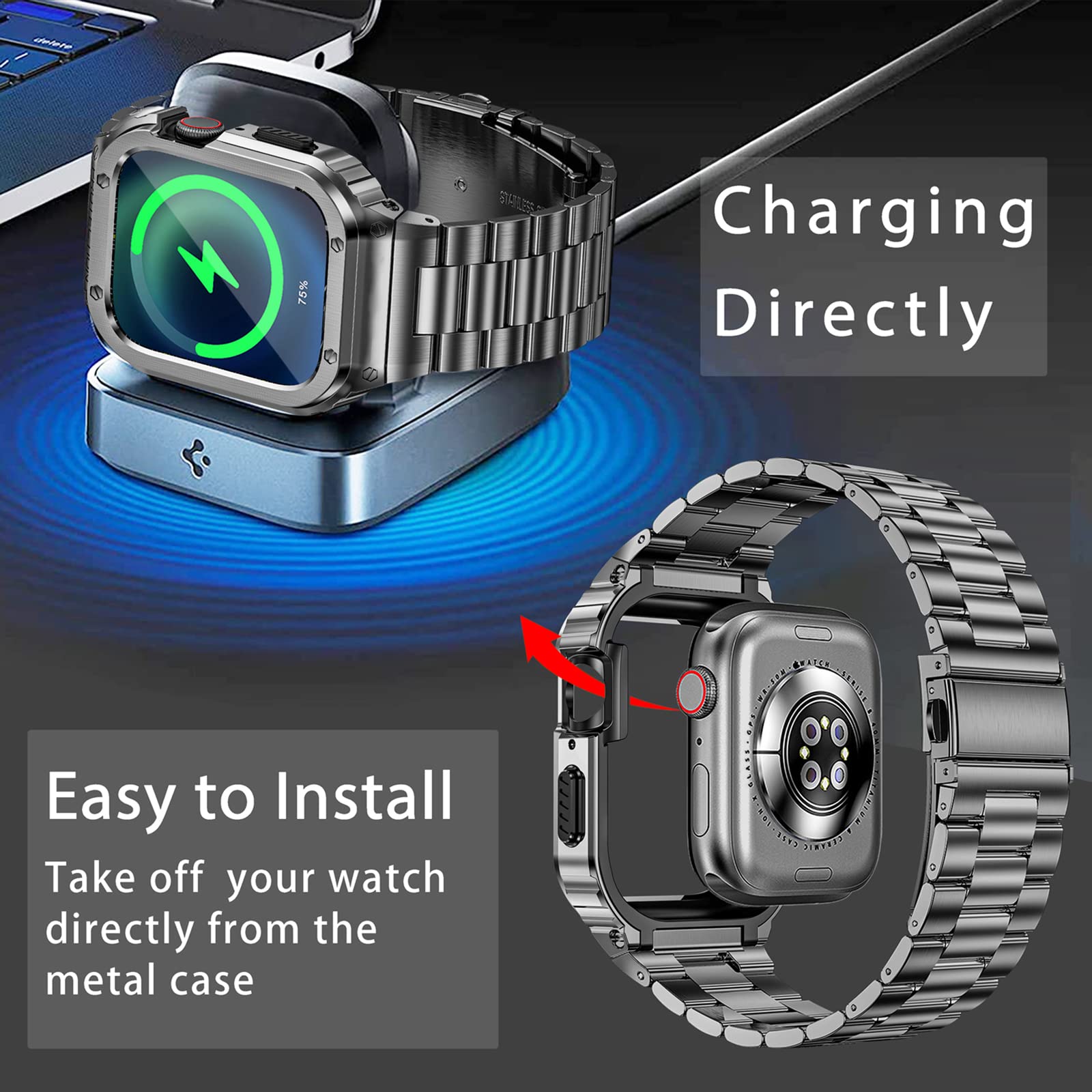 Miohhr Stainless Steel Band And Case Compatible With Apple Watch Band 41Mm 40Mm 38Mm, Men Metal Protective Bumper Cover For Iwat