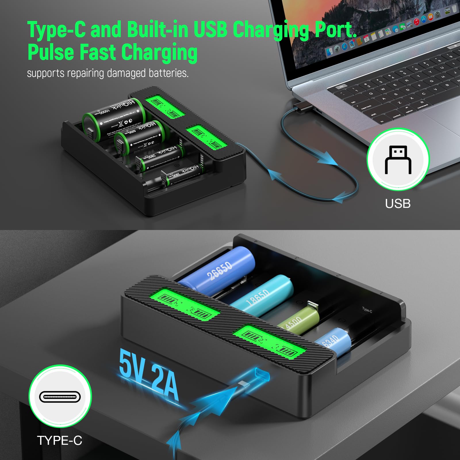 Hiquick Rechargeable D Batteries With Charger, 4 Bay Lcd Universal Battery Charger For 3.7V Lithium Ion 18650 21700 14500 26650