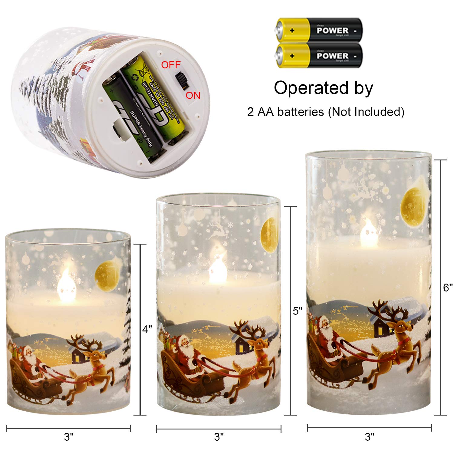 Wondise Santa Claus Glass Flameless Candles Remote And Timer, Battery Operated Real Wax Led Flickering Pillar Candles White Cold