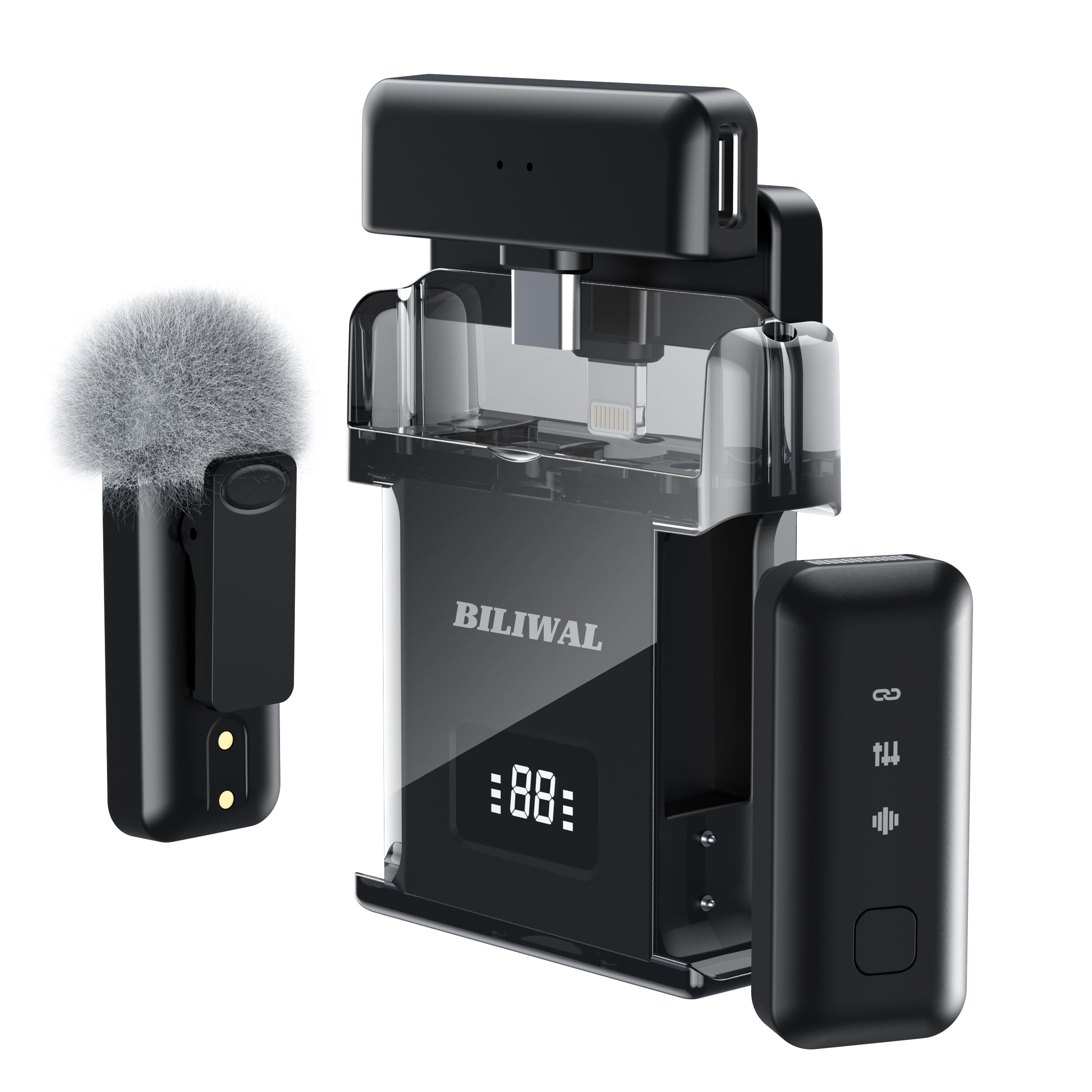 BILIWAL Wireless Lavalier Microphone for iPhone/Android/Laptop with Magnetic Wind Muff/Patch/Clip, Mini Mic with Noise Reduction