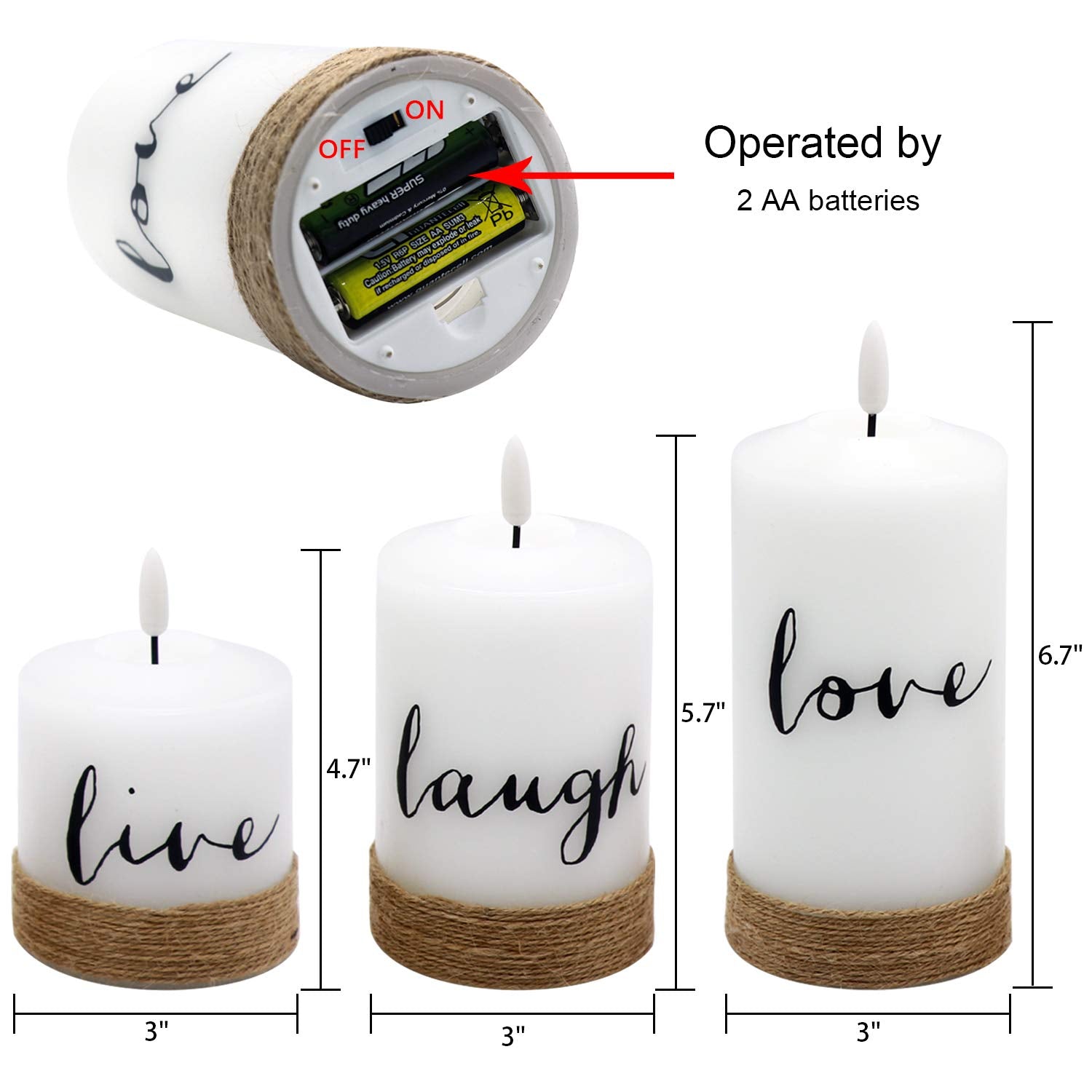 Dromance White Flameless Pillar Candles Battery Operated Remote And Timer, 3 Pack Dimmable Light Real Wax Hemp Rope Led Flickeri