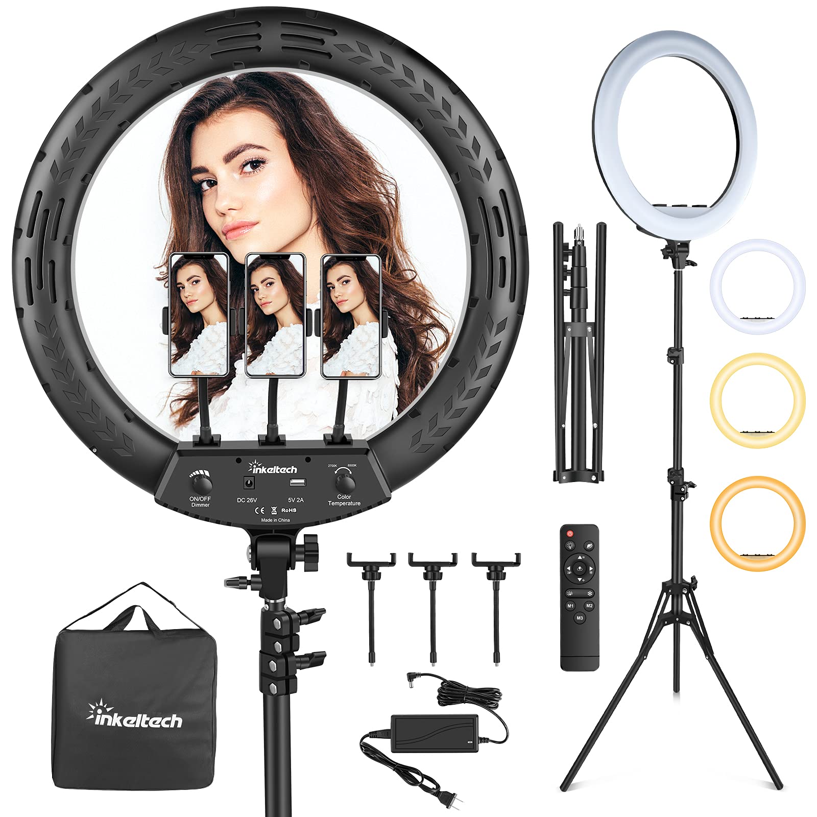 Inkeltech 18    Ring Light With Tripod Stand & 3 Phone Holders, Dimmable Led Ring Light Kit, Adjustable 2700K 6500K Color Temper