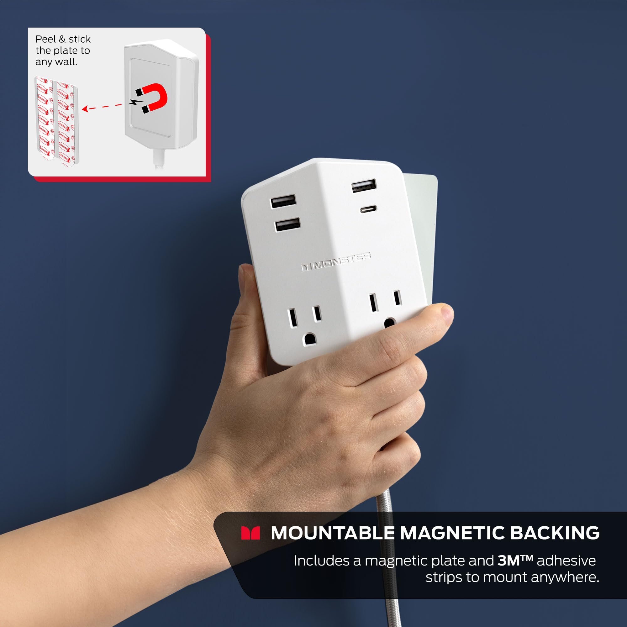 Monster Power Shield: Magnetic Wall Outlet Extender, Multiple Plug Outlet With 2 Ac Outlets, 3 Usb A Ports, & 1 Usb C Port (20W)