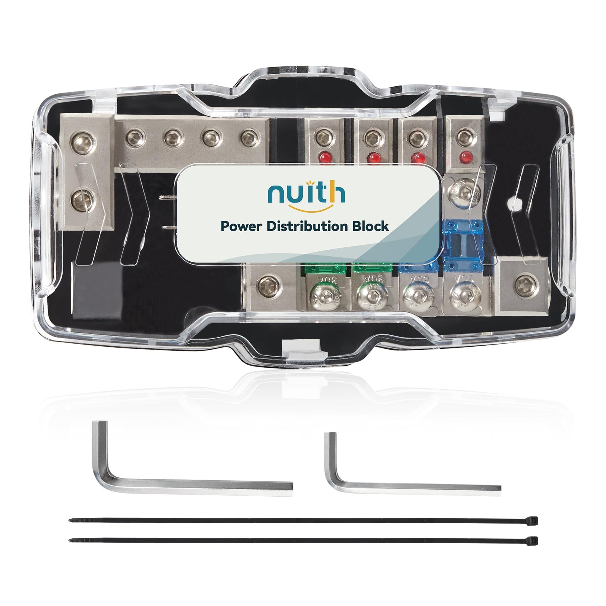 Nuith Car Audio Power Distribution Block 0/4 Gauge Input 4/8 Gauge Output, 4 Way Mini Anl Fuse Block 12V With Ground, 2 Way In 4
