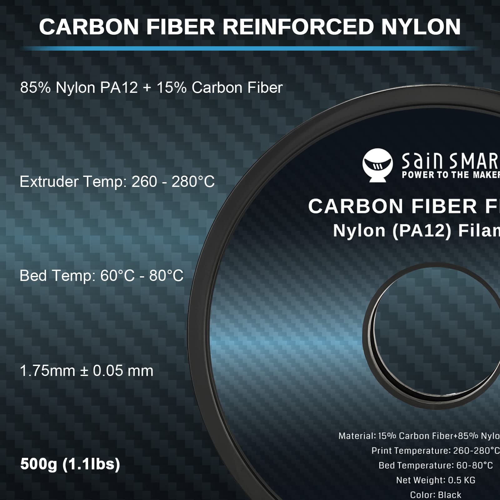Sainsmart Epa12 Cf Carbon Fiber Nylon Filament 1.75Mm, 0.5Kg (1.1Lbs), Dimensional Accuracy +/  0.05 Mm, Black
