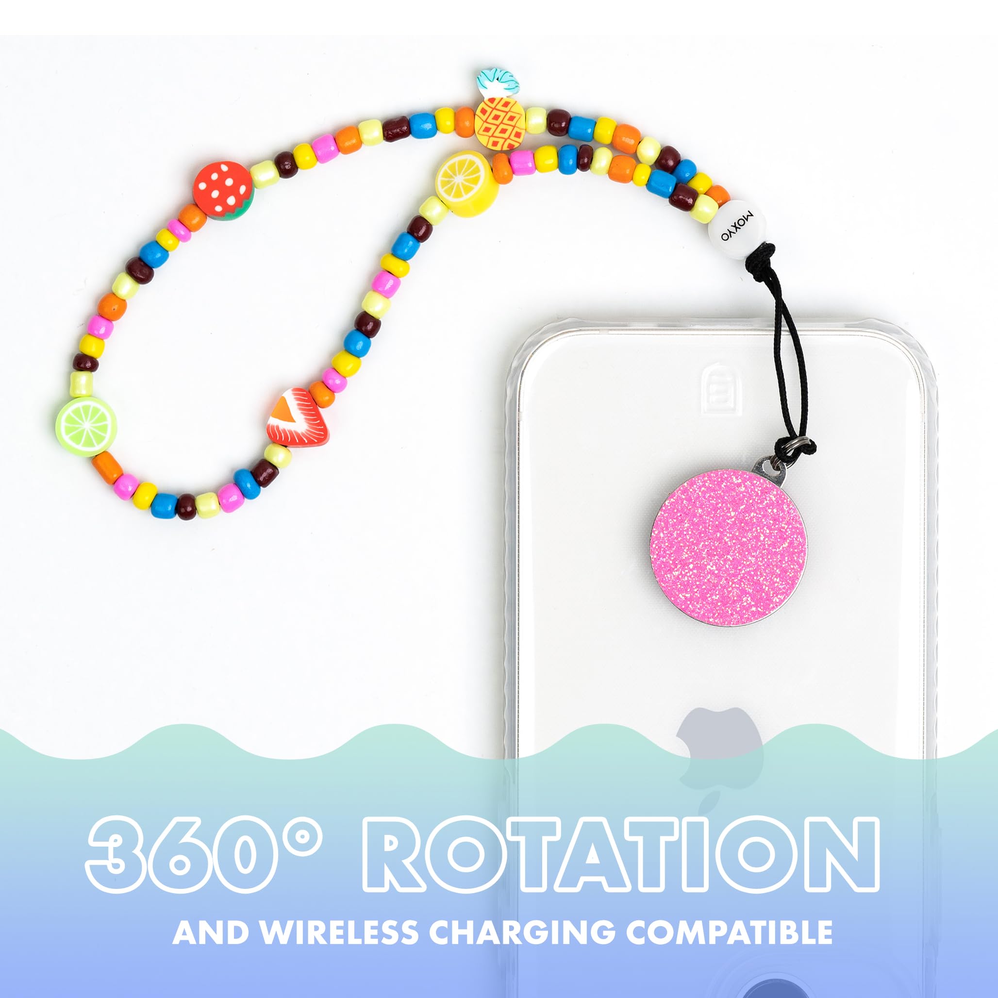 Moxyo Zigi Band Beaded Charm Bracelet Universal Wrist Strap Glitter Fruit Beaded Phone Lanyard, Adhesive Device Patch Compatible