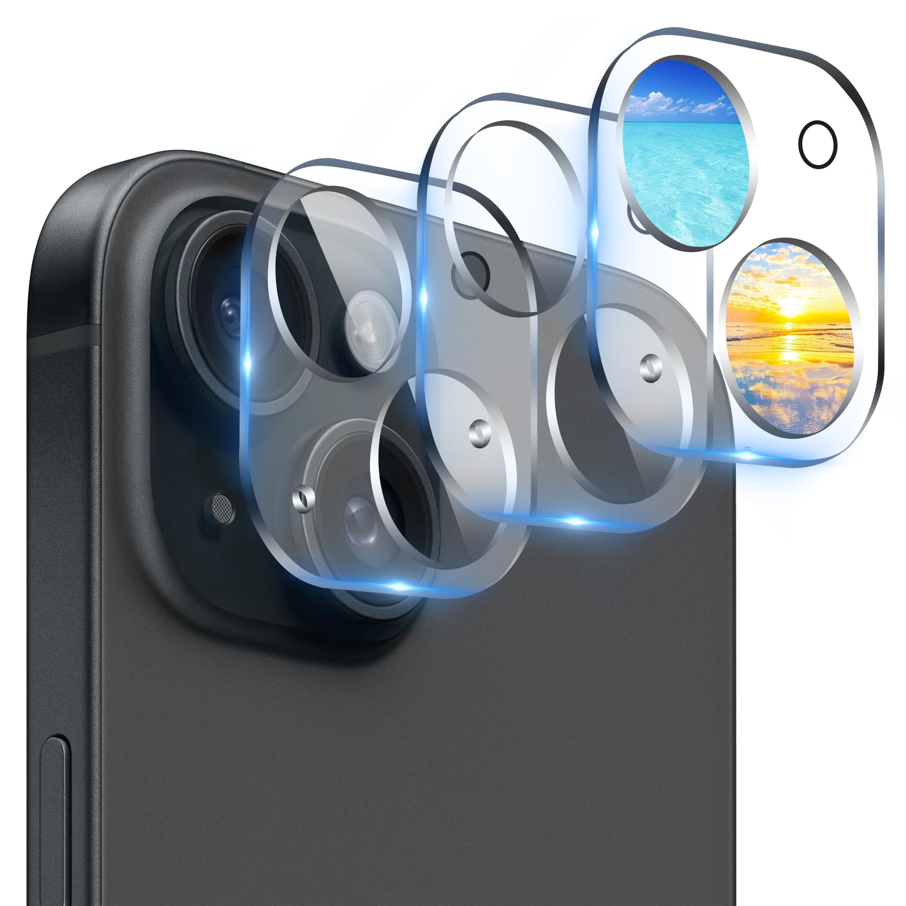 AIYEEN Camera Lens Protector (3 Pack) Compatible with iPhone 15 & iPhone 15 Plus Camera Lens Cover Protection, 9H Tempered Glass