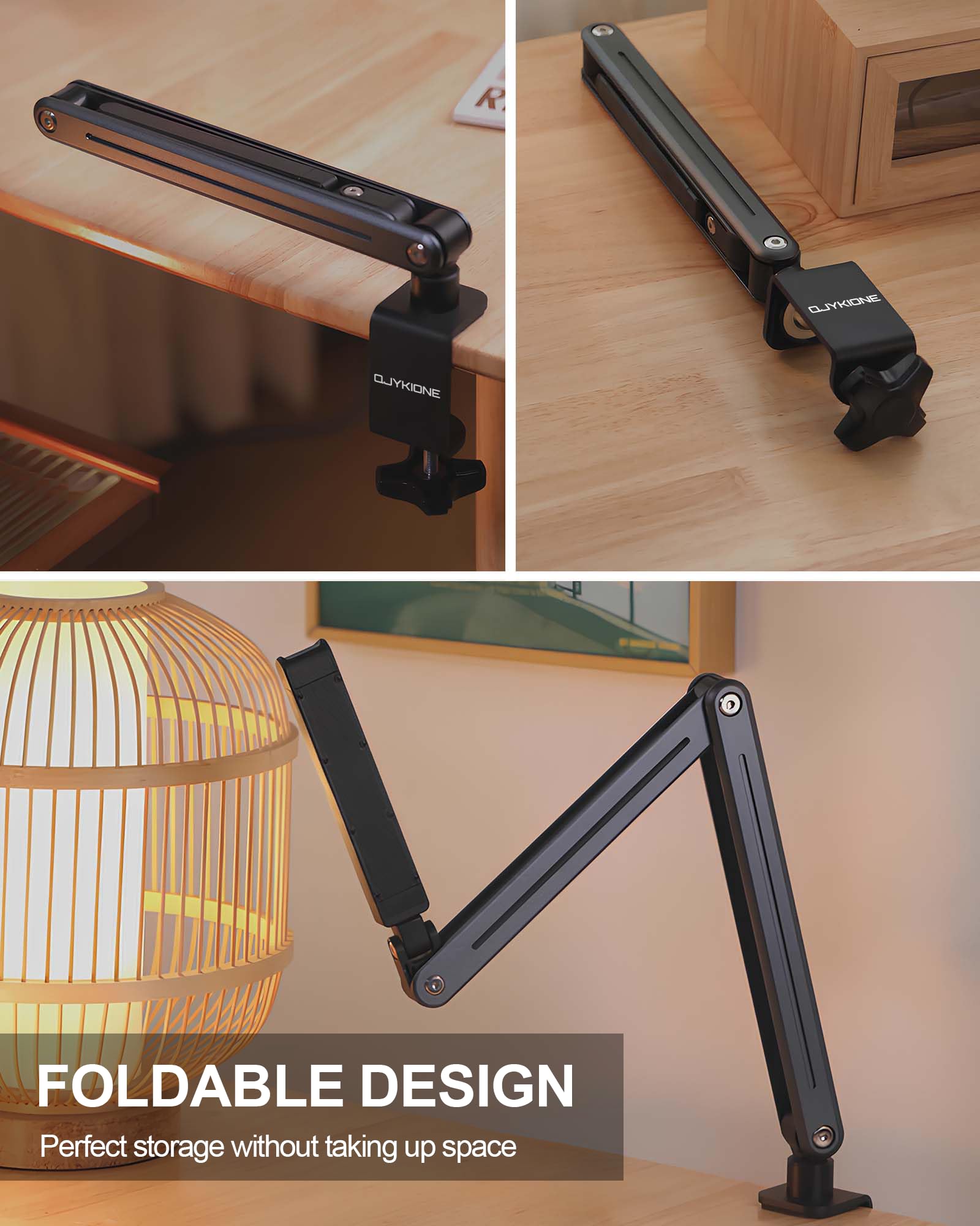 Qjykione Foldable Tablet Stand For Desk And Bed, Aluminum Alloy Ipad Arm Mount 360 Adjustable Phone Holder Compatible With Ipad