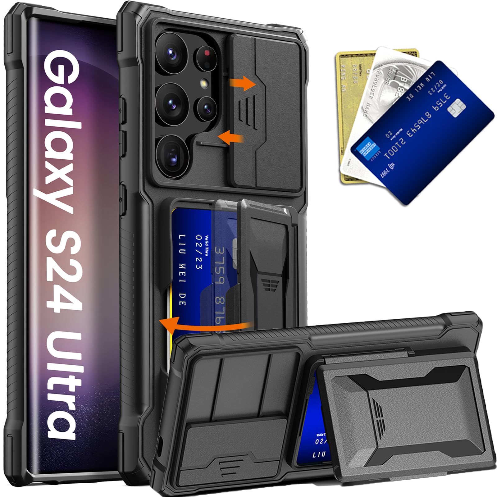 Ninki Galaxy S24 Ultra Case, Compatible 5G Phone Wallet With Camera Cover, Card Holder & Stand, Black