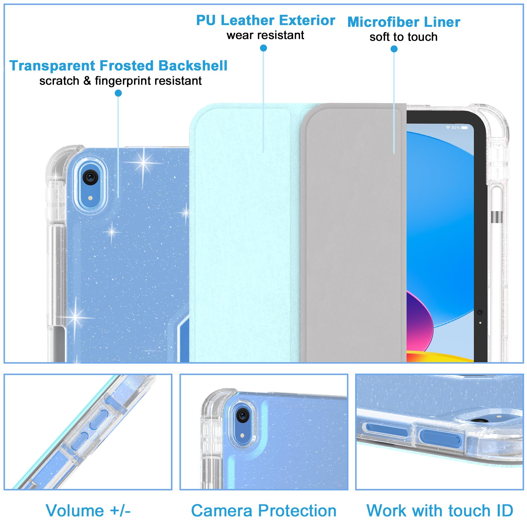 Sevrok New Ipad 10Th Generation Case 2022 10.9 Inch With Pencil Holder, Sparkle Glitter Leather Cover [Support Touch Id And Auto