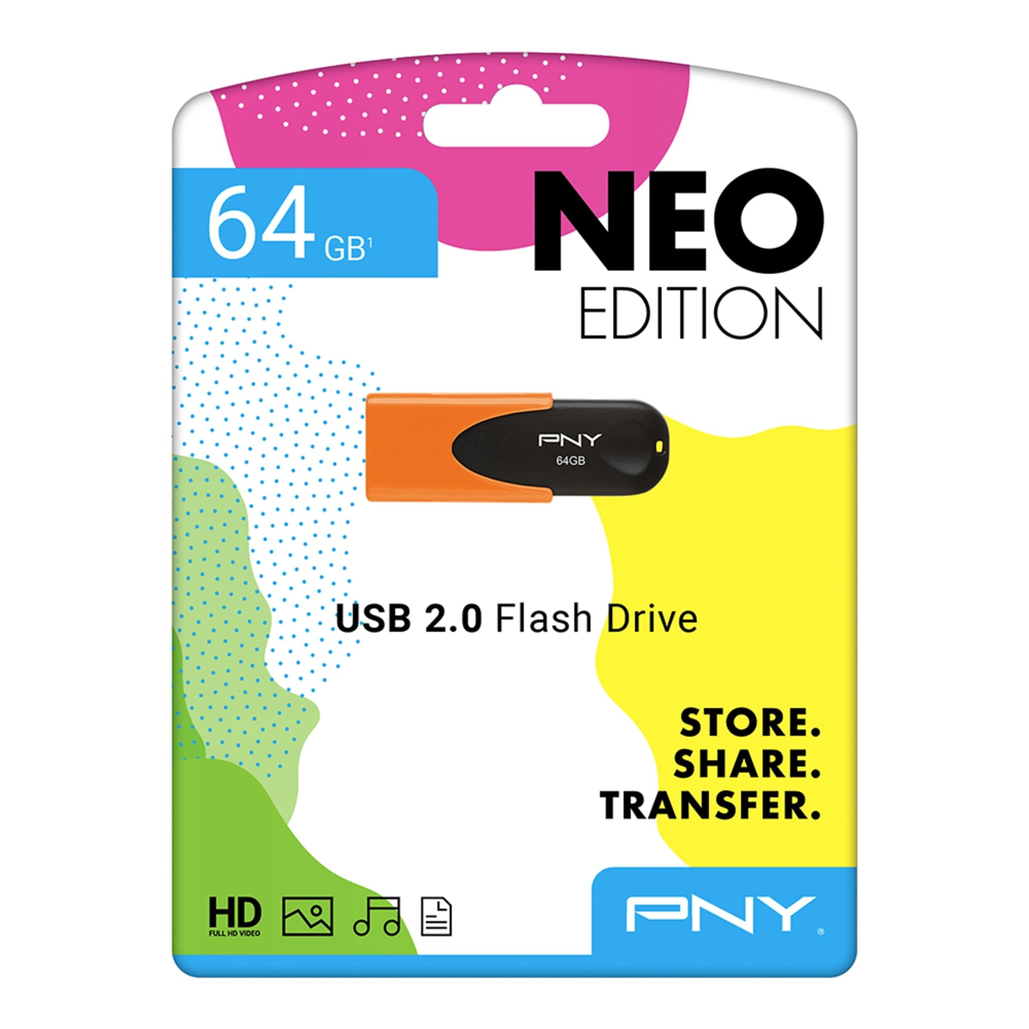 Pny Attach   4 Usb 2.0 Flash Drive, 64Gb, Assorted Neon Colors