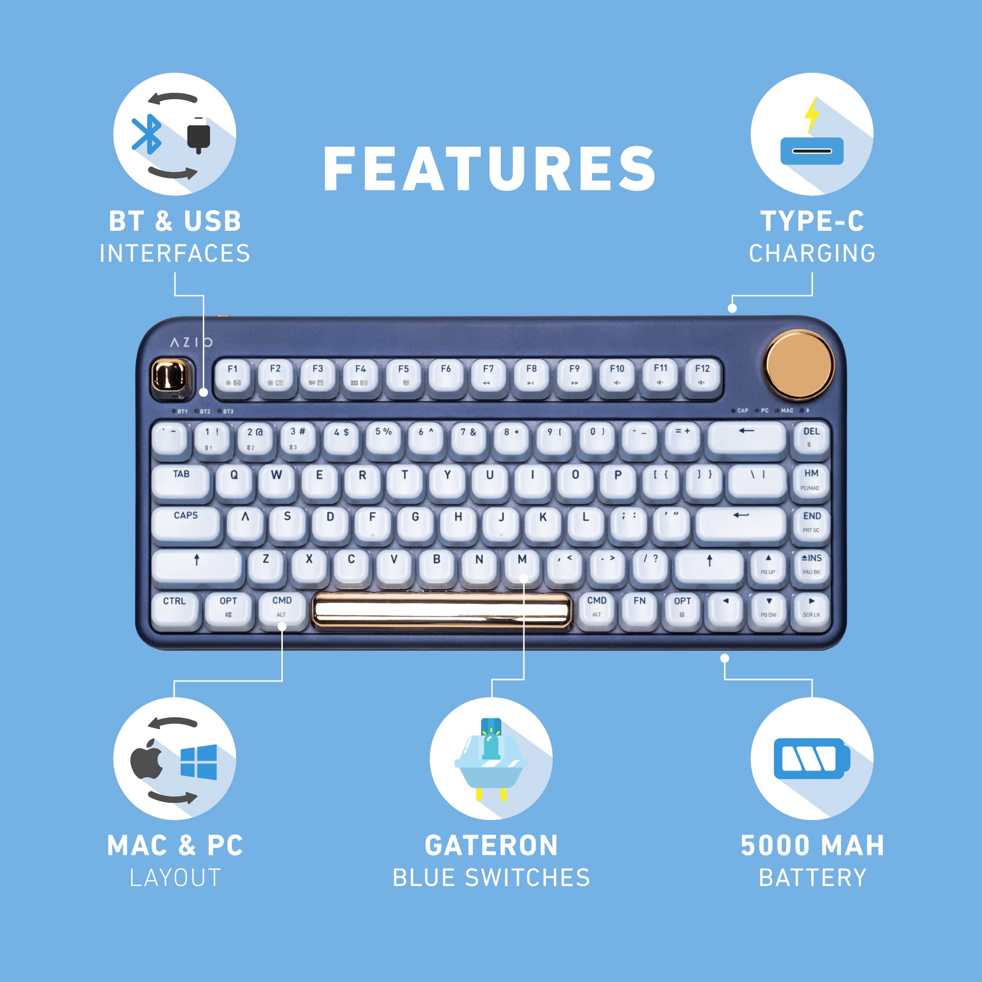 Azio Izo Wireless Bt5/Usb Pc & Mac Mechanical Keyboard, Blue Iris