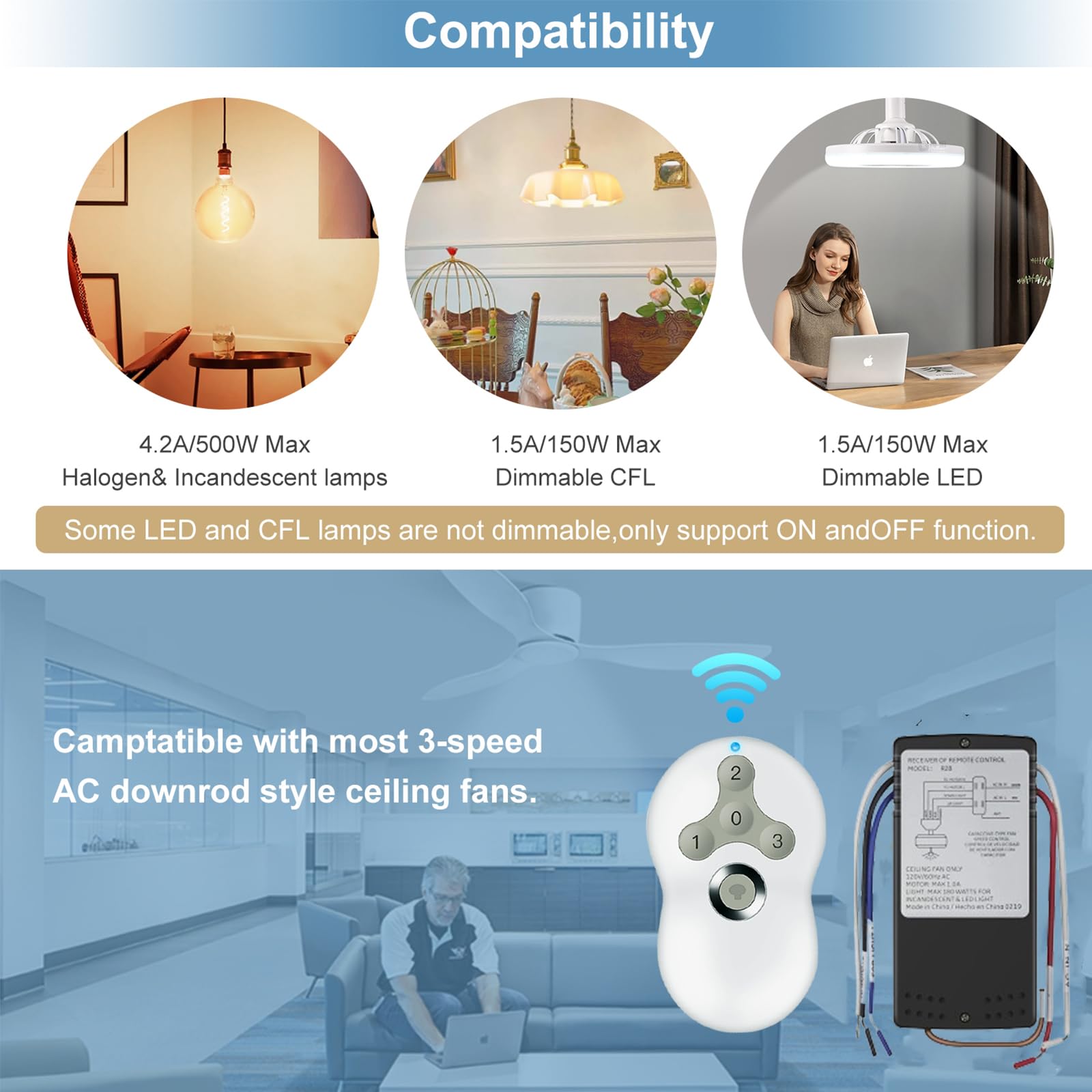 Universal Ceiling Fan Remote Control Kit Dimmable Replacement For Hampton Bay Harbor Breeze 99122 99123 99600, 3 Speed, With Sel
