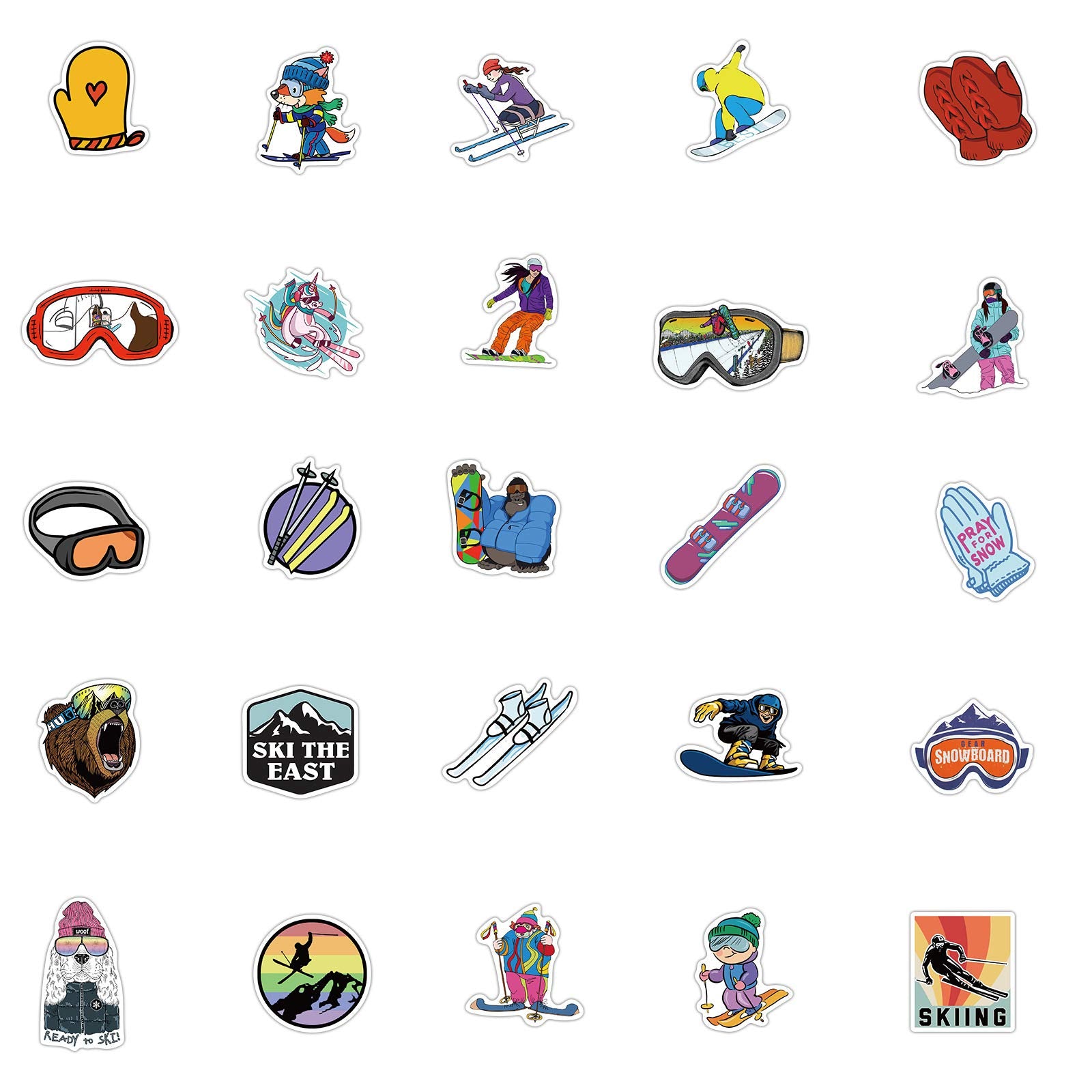 Winter Skiing Stickers Pack 50Pcs Colorful Waterproof Ski Cartoon Stickers For Flask, Laptop, Water Bottle, Cute Aesthetic Vinyl