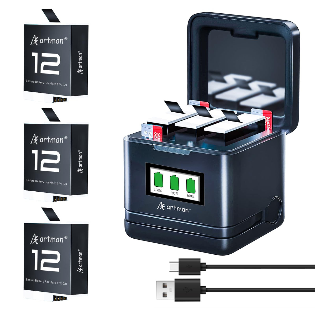 Artman Enduro Battery 3 Pack For Gopro Hero 12 Black, Hero 11 Black, Hero 10 Black, Hero 9 Black With 3 Channel Usb Intelligent