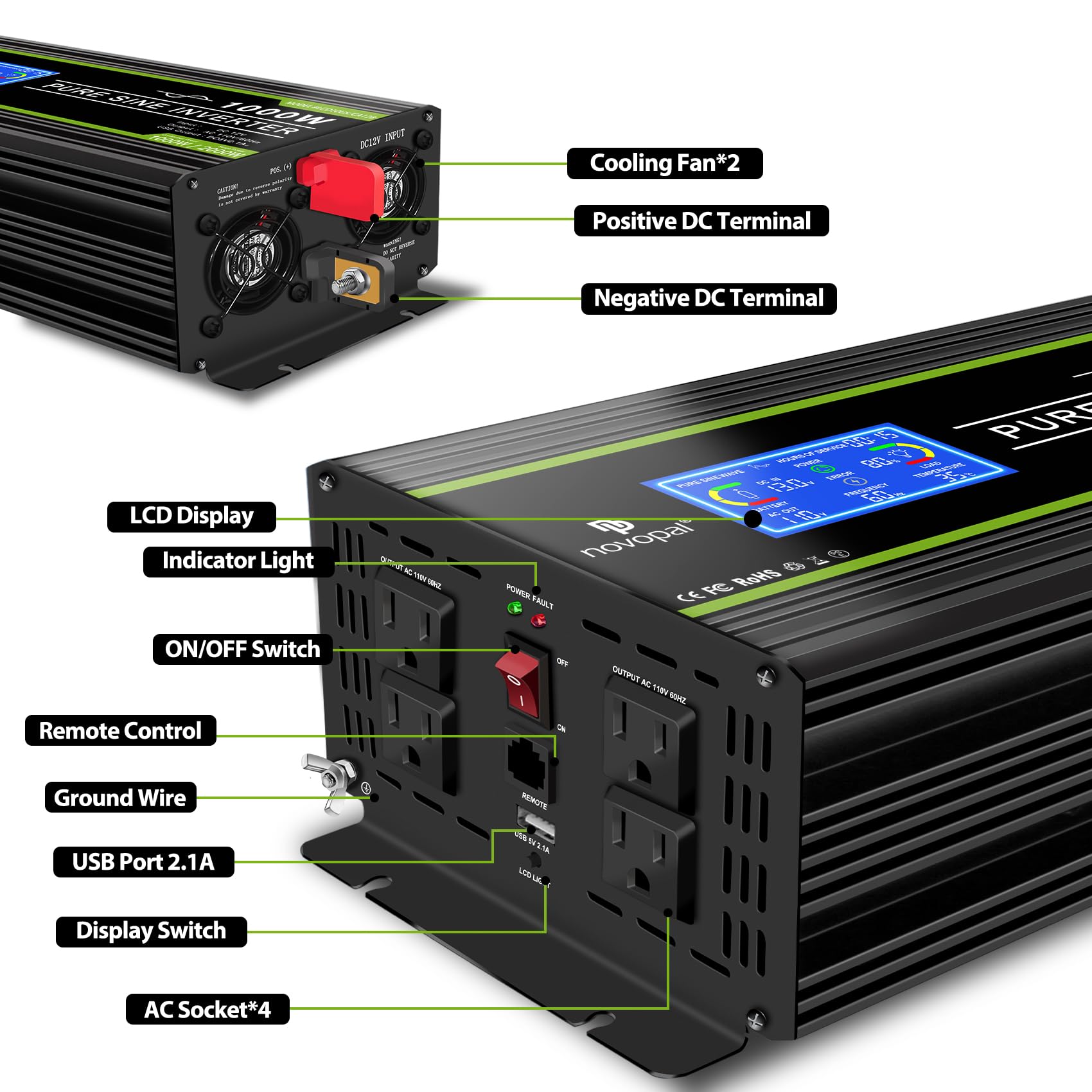 Novopal 1000 Watt Pure Sine Wave Power Inverter 12V Dc To 110V/120V Ac Converter  4 Ac Outlets Car Inverter With 1 Usb Port 16.4