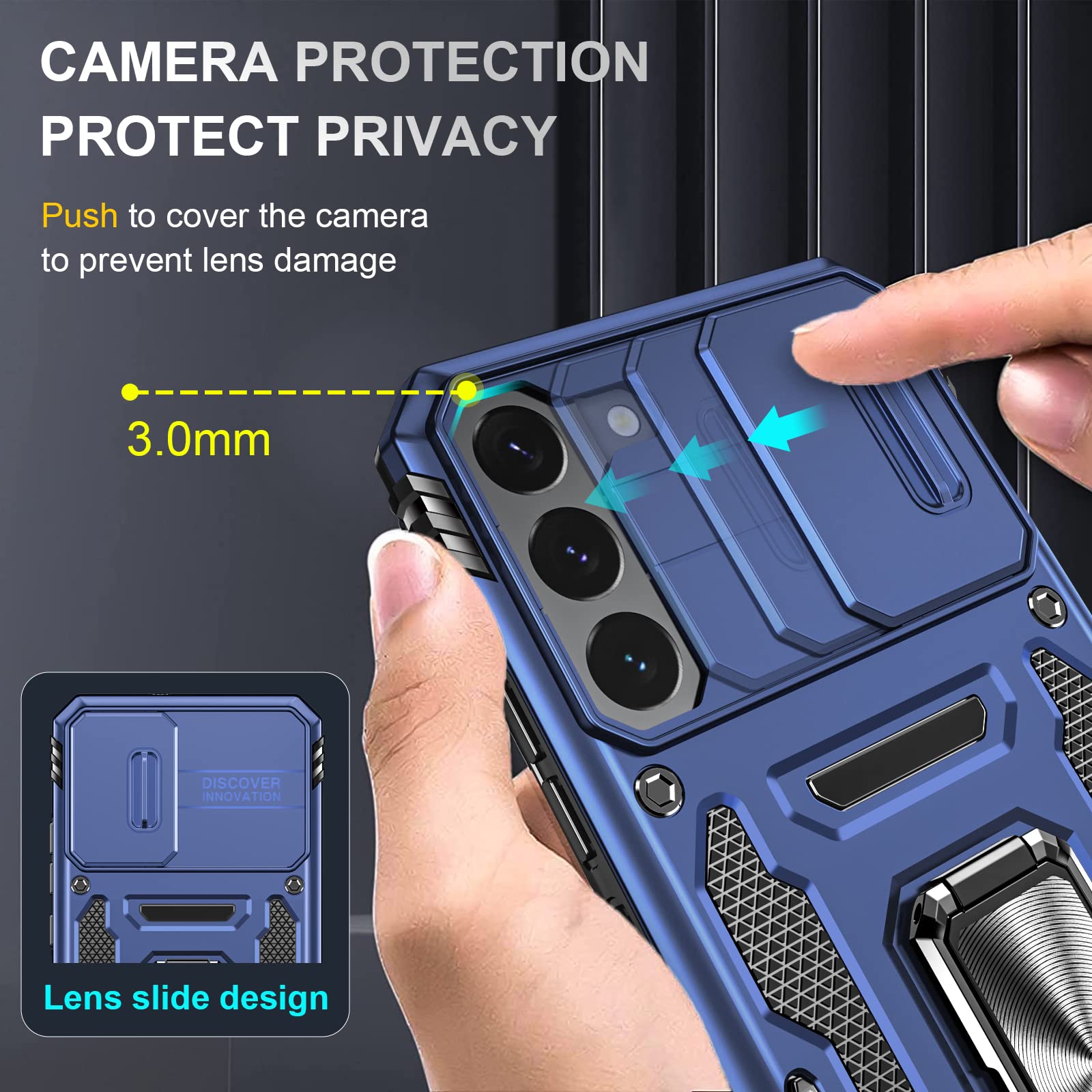 Saiboro Samsung Galaxy S22 5G Phone Case with Camera Cover & Rotating Ring Magnetic Kickstand, Heavy Duty Shockproof PC/TPU Blue