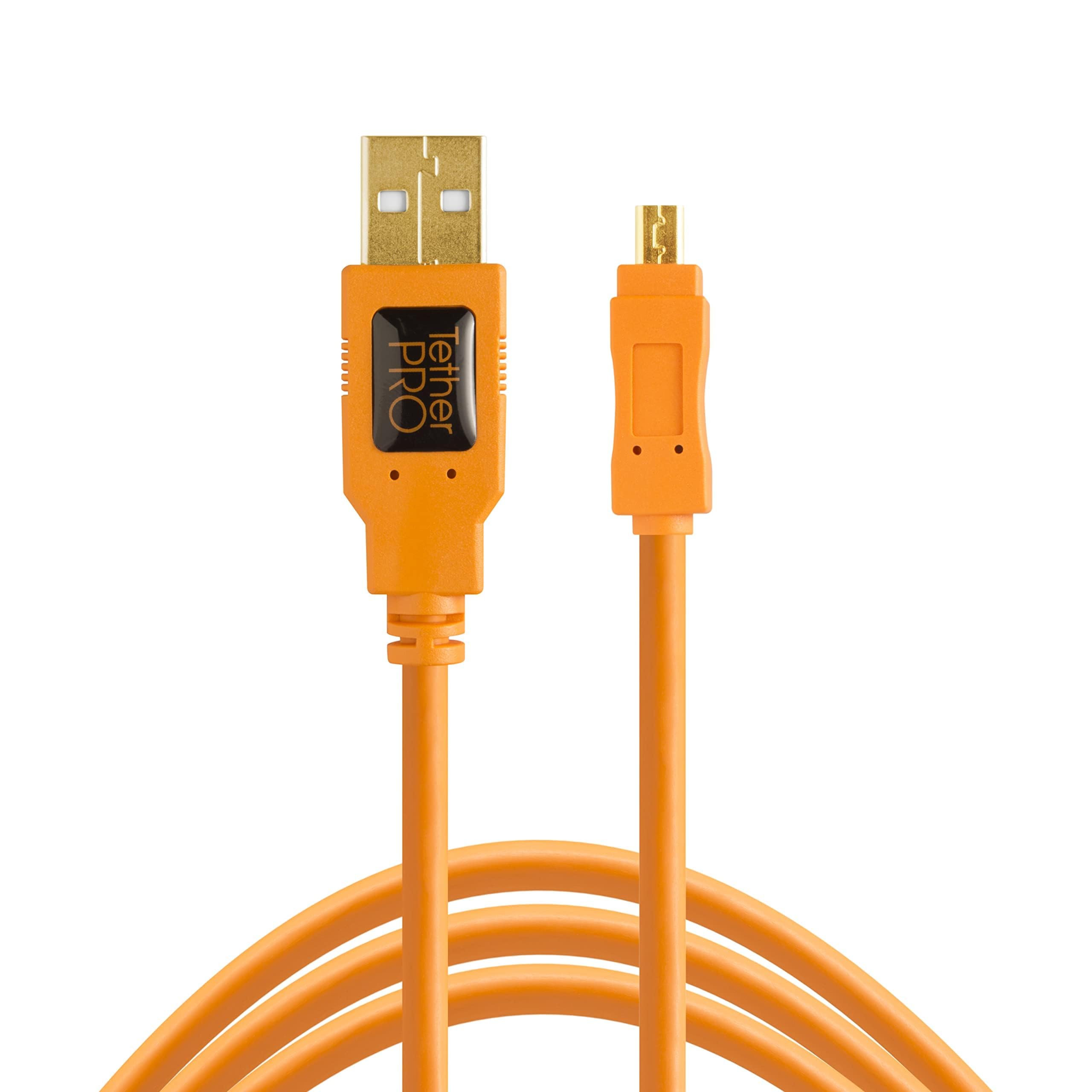 Tether Tools TetherPro USB 2.0 to Mini B 8 Pin Cable | for Fast Transfer Between Camera and Computer | High Visibility Orange | 15 Feet (4.6 m)