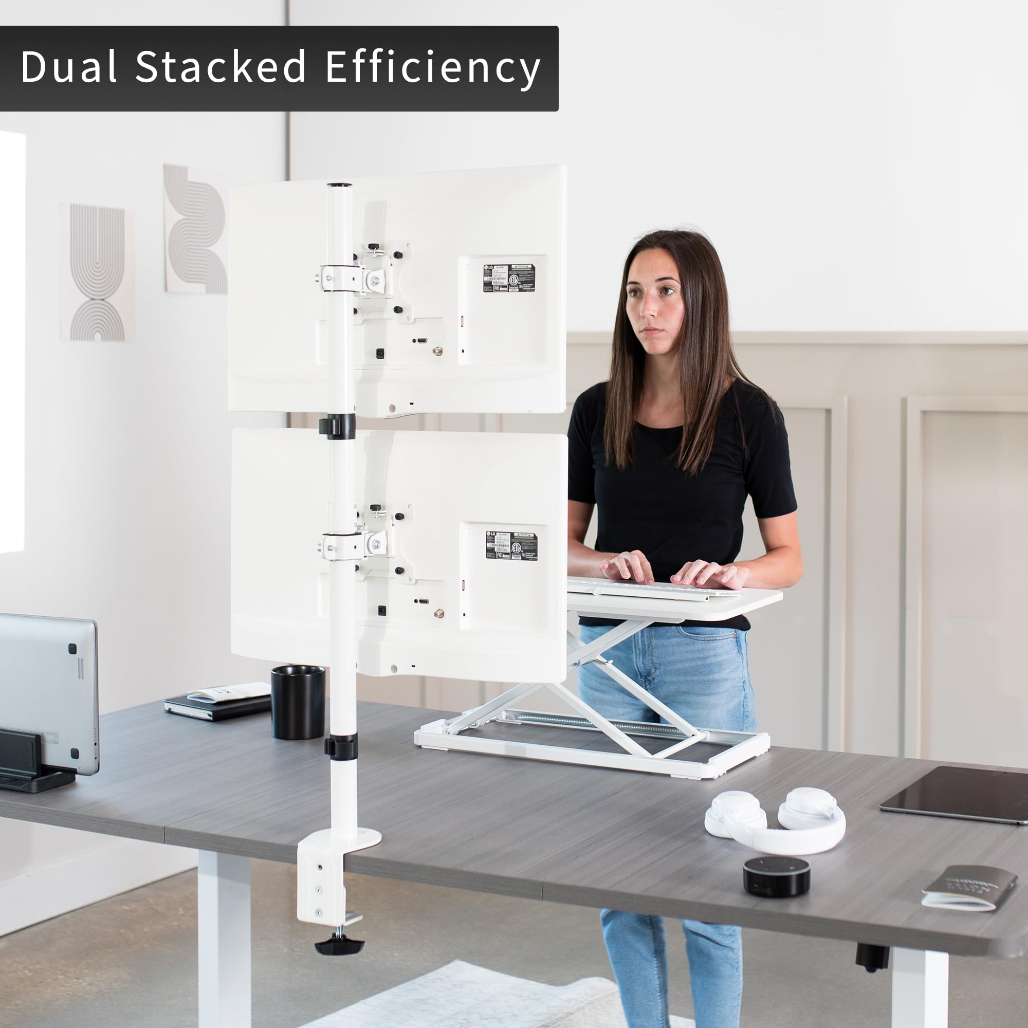 VIVO Dual Vertically Stacked LCD Monitor Desk Mount, Extra Tall Heavy Duty Adjustable Stand for 2 Ultrawide Screens up to 34 inches, 22 lbs Capacity, White, STAND V002TW