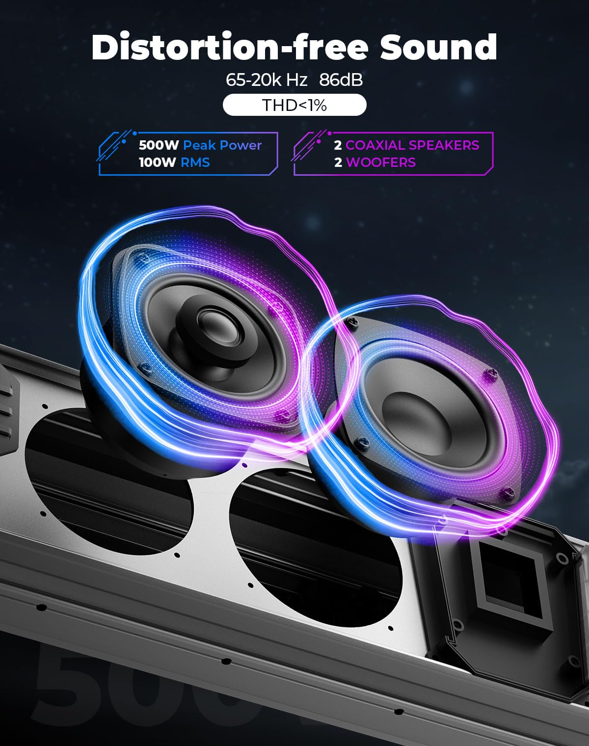 Kemimoto Midnight S60 26-Inch Utv Sound Bar Waterproof Ip66, 65Hz Deep Bass, Metal-Built, Synced Multicolor Lights, Utv Bluetoot