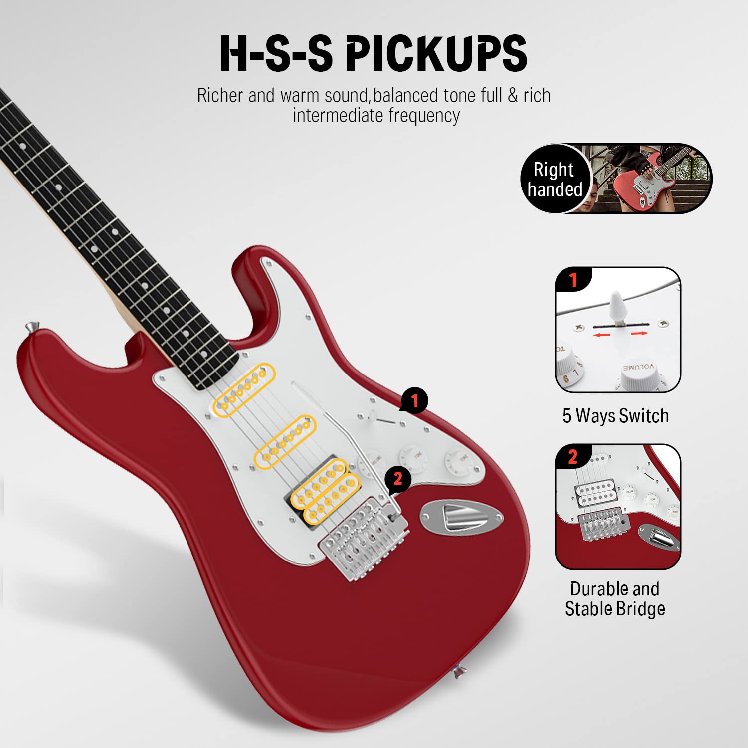 Donner Dst 100R 39 Inch Electric Guitar Beginner Kit Red Full Size Solid Body Hss Pick Up Starter Package With All Accessories A